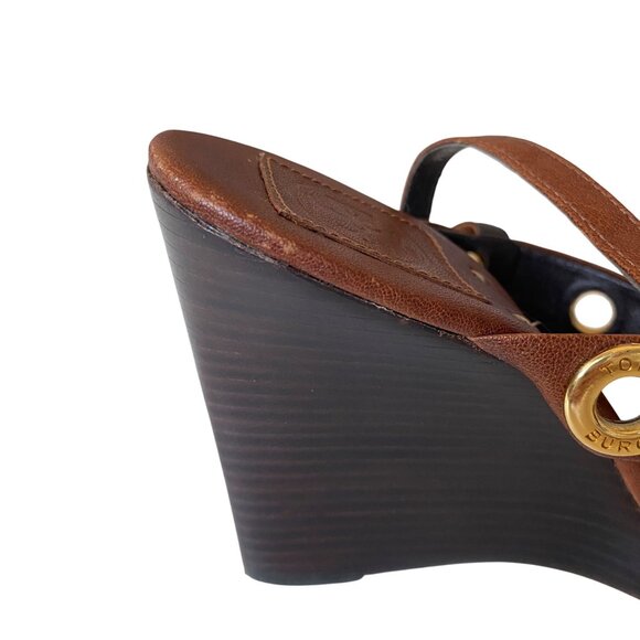 Tory Burch Kathryn Brown Leather Gold Grommet Wedge Sandals Sz 8.5 Designer Luxu - Picture 14 of 15